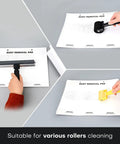 30 Sheets High Adhesive Cleanroom Dust Removal Pad Sticky Paper Self Sticky Adhesive Dust Collector For Cleaning Dust Dirt And Lint On Surfaces, Disposable Pad Sheets For Home Office And Lab Use with various rollers being used on the pads.