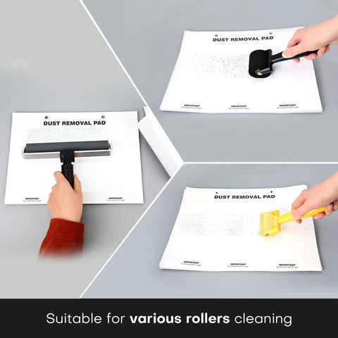 30 Sheets High Adhesive Cleanroom Dust Removal Pad Sticky Paper Self Sticky Adhesive Dust Collector For Cleaning Dust Dirt And Lint On Surfaces, Disposable Pad Sheets For Home Office And Lab Use with various rollers being used on the pads.