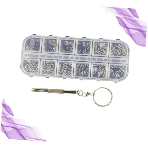 Eyeglass Repair Kit With 720 Pieces Screwdriver Set For Glasses Frames And Sunglasses, Tiny Screws And Nose Pads Included, shown in storage case with screwdriver.