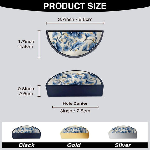Vintage Blue Gold Floral Cabinet Handles Set 3 Inch Center To Center Semicircle Drawer Pulls showing dimensions and color options