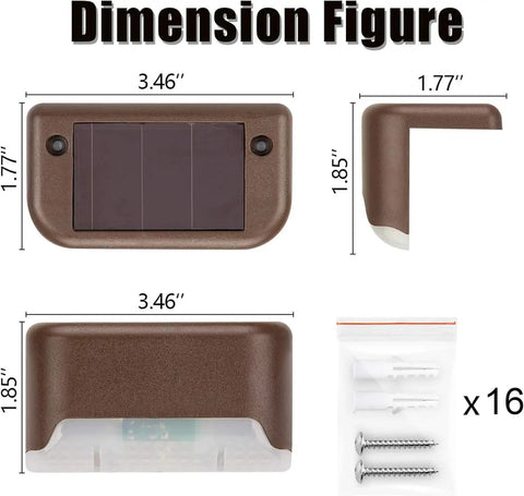 Heavy Duty Solar Deck Lights Outdoor 16 Pack Waterproof LED Step Lights dimensions shown with mounting screws and tape.