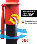 Close-up of Folding Truck Jib Crane With 1100 Lb Capacity And 880 Lb Pulling Force, 360-degree rotating base, orange color.