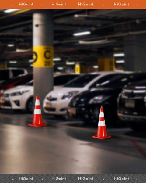 Six Pack 28 Inch Traffic Safety Cones With Reflective Collars in parking lot for road safety and driving training.