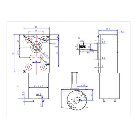 Technical drawing of 12V Gear Motor With 12mm Double Shaft Self Locking Reversible High Torque Speed Reduction, detailed dimensions shown
