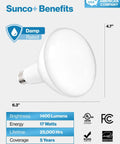 8 Pack BR40 LED Flood Light Bulbs For Recessed Can Lighting That Lights Up The Room Like Daylight 1400 Lumens 17W 100W Equivalent Dimmable 3000K Warm White E26 Base Indoor Home Kitchen Bedroom UL Listed, bulb angled, size details visible