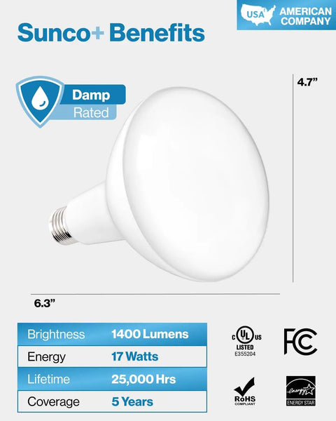 8 Pack BR40 LED Flood Light Bulbs For Recessed Can Lighting That Lights Up The Room Like Daylight 1400 Lumens 17W 100W Equivalent Dimmable 3000K Warm White E26 Base Indoor Home Kitchen Bedroom UL Listed, bulb angled, size details visible