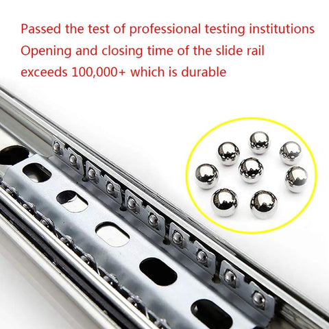 Close-up of Built Tough Full Extension Drawer Slide Rails with ball bearings, showcasing durable cold rolled steel design.