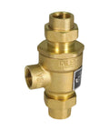 Brass backflow preventer valve for hydronic heating with 1/2 in FIP connections, inlet marked.