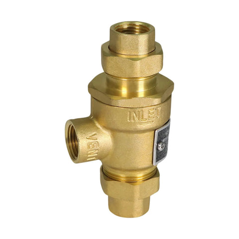 Brass backflow preventer valve for hydronic heating with 1/2 in FIP connections, inlet marked.