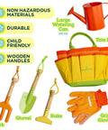 Kid Friendly Garden Tool Set For Kids STEM Learning Kit With Tote Bag Colorful Spade Watering Can Rake Fork Trowel And Gloves Durable Lightweight Gear For Little Gardeners Sunshine Edition displayed with tools and bag.