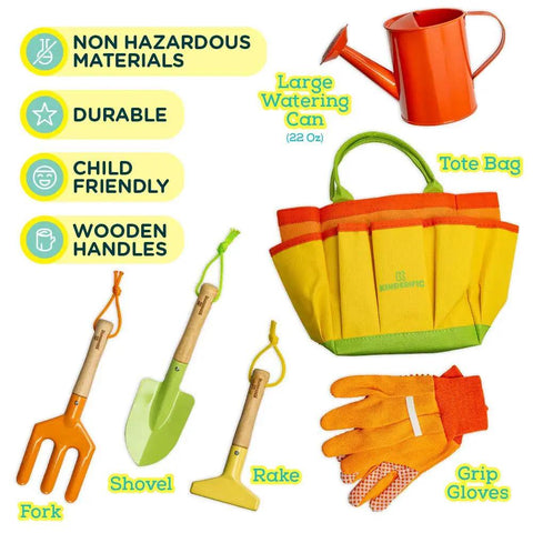 Kid Friendly Garden Tool Set For Kids STEM Learning Kit With Tote Bag Colorful Spade Watering Can Rake Fork Trowel And Gloves Durable Lightweight Gear For Little Gardeners Sunshine Edition displayed with tools and bag.