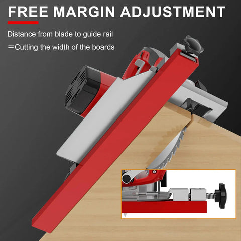 Circular Saw Guide Rail For 12 Inch Base, Aluminum Adjustable Cutting Guide in use, showing margin adjustment feature.