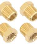 Four brass NPT reducer bushings, 1/4 in male to 1/8 in female, hex fittings.