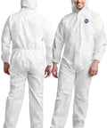 Front and back view of Disposable Hazmat Suit 25 Pack With Hood Heavy Duty Breathable PPE Coverall Painter Suit 2X Large For Indoor Outdoor Use Liquid And Particulate Protection Unisex White Isolation Gear.