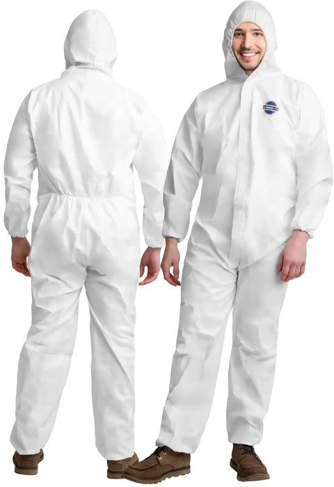 Front and back view of Disposable Hazmat Suit 25 Pack With Hood Heavy Duty Breathable PPE Coverall Painter Suit 2X Large For Indoor Outdoor Use Liquid And Particulate Protection Unisex White Isolation Gear.