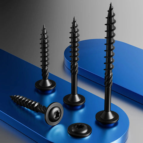Heavy Duty Black Lag Screws Twenty Four Pack Size Twelve By Five Inch structural wood screws on a blue surface.