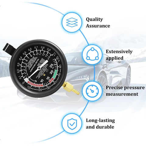 Heavy Duty Car Fuel Pump And Vacuum Tester Gauge Kit showing pressure measurement gauge with black face and gold fitting.