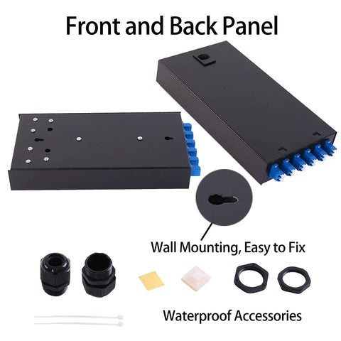 Six Port Wall Mount Fiber Enclosure Kit With Spool For Singlemode OS1 Includes One Meter Twelve Strand UPC Pigtail And Six Port Duplex LGX Panel Rugged Pro Grade Build For Data Centers And Telecom Setups wall mount enclosure, 255mm x 130mm x 40mm, front and back panels