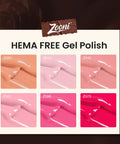 6 color swatches of HEMA-free gel polish from 8 Piece Hema Free Gel Nail Polish Set With Base Coat And Top Coat, DIY kit display