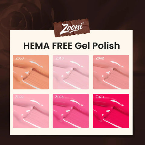 6 color swatches of HEMA-free gel polish from 8 Piece Hema Free Gel Nail Polish Set With Base Coat And Top Coat, DIY kit display