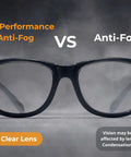 Comparison of high performance anti-fog vs regular anti-fog safety glasses with clear lenses and side shields.