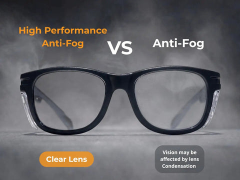 Comparison of high performance anti-fog vs regular anti-fog safety glasses with clear lenses and side shields.