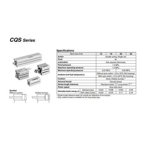 CQS Series specifications sheet detailing Rock Solid Compact Air Cylinder Acting As A Smooth Operator Pneumatic Actuator.