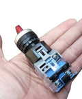 Two Pack Heavy Duty Latching Rotary Selector Switch With 110V LEDs held in hand, 22mm panel mount, red LED indicator visible
