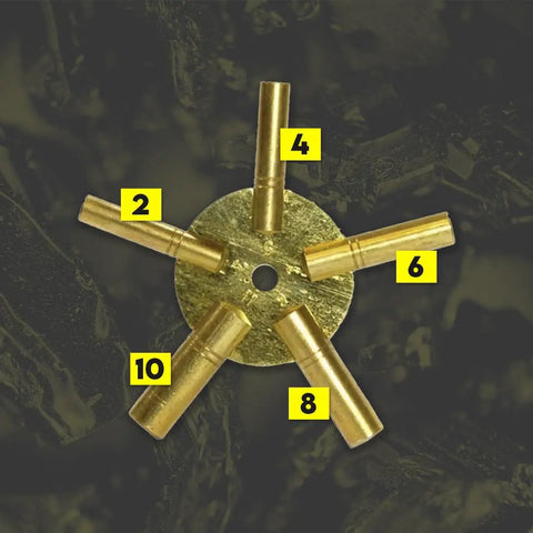 Brass Clock Key For Winding Clocks Universal 5 Prong Set with numbered prongs visible