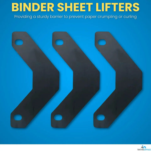 Black Binder Sheet Lifters For 11x8.5 Inch Binders, 3 Ring Binder Lifters, Pack Of 10 Arranged Against Blue Background
