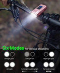Pink Bike Light Set With Ultra Bright Dual LED Front And Rear Lights on bike, showing six light modes display, USB rechargeable