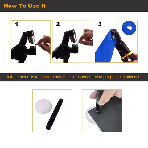 Steps to use Workhorse All In One Grommet Tool Kit With Two Dies For Ten And Five Point Five Millimeter Grommets, including leather punch.