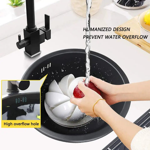 Stainless Steel Kitchen Sink With Black Faucet For Small Kitchens, hands washing a red apple, overflow prevention feature.