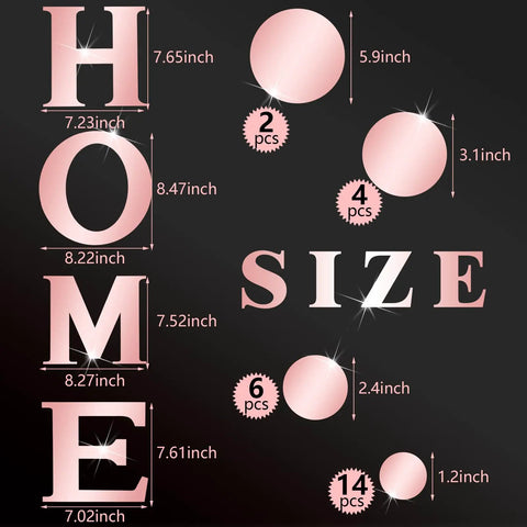 Size details of Rose Gold Home Wall Mirror Decal 30 Piece Set With HOME Letters And Round Acrylic Stickers