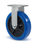 8 Inch Heavy Duty Polyurethane Caster Wheels 1000 Pound Load Capacity 4 Pack close-up view of a blue polyurethane wheel with metal bracket.