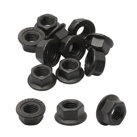 Bad Boy M6 Serrated Flange Hex Lock Nuts 25 Pack Heavy Duty Stainless Steel 304 Black Oxide Finish on a white background.