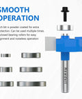 Heavy Duty One Quarter Inch Shank Rabbet Router Bit Set Featuring Six Swappable Brass Bearings For Tough As Nails Woodworking Projects And Smooth Sailing Cuts That Guarantee Pro Results with enclosed bearing rollers for precision.
