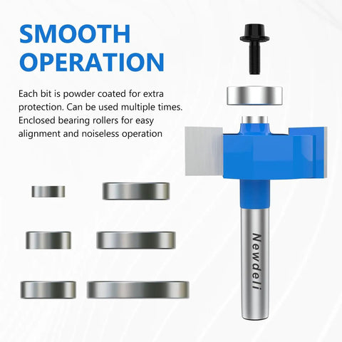Heavy Duty One Quarter Inch Shank Rabbet Router Bit Set Featuring Six Swappable Brass Bearings For Tough As Nails Woodworking Projects And Smooth Sailing Cuts That Guarantee Pro Results with enclosed bearing rollers for precision.