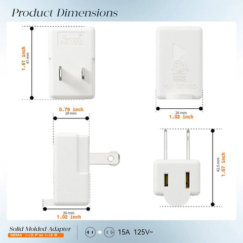 Dimensions of Right Angle Nema 1-15P To Nema 1-15R Power Adapter Vertical Down Angled 2 Prong 15 Amp 125 Volt ETL Certified