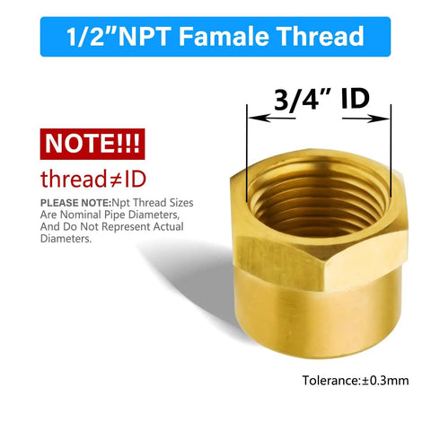 Brass Pipe Cap Fittings 1/2 In NPT Female Hex Head Pack Of 5 For Gas Lines, Fridge and Hydraulic Systems, showing close-up with dimensions.