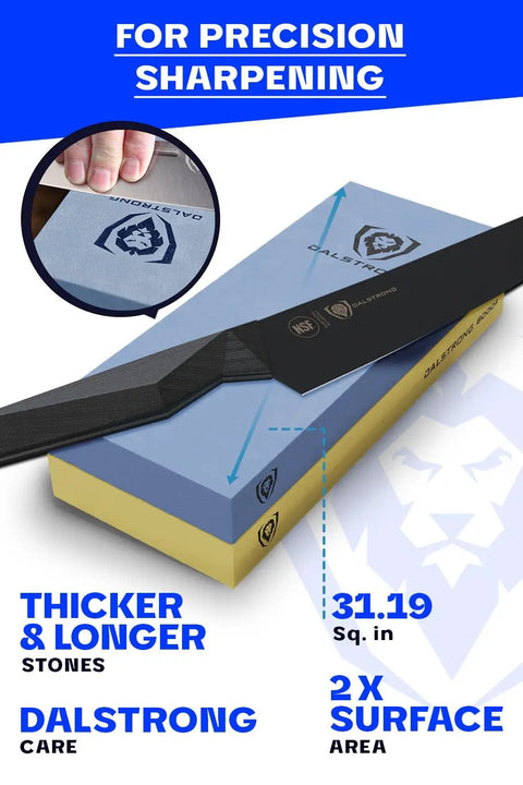 Premium Whetstone Kit With 3000 And 8000 Grit, Extra Large Stones, Top Notch Corundum, showing packaging and sharpening surface