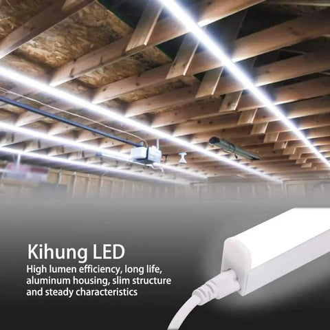 Eight Pack Two Foot LED Shop Lights 6500K 10W 1100LM Linkable installed in workshop ceiling with frosted cover