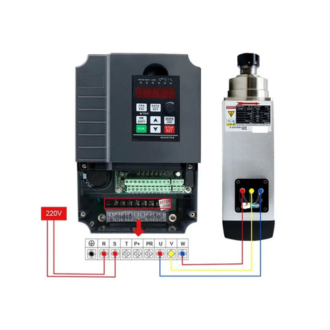 Badass 6KW Spindle Motor Kit Paired With 7.5KW VFD Inverter For CNC Router Jobs showing connections and controls for 220V setup.