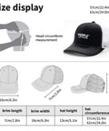 Size display for Women's Distressed Washed Low Profile Trucker Cap with Adjustable Buckle, includes measurements and graphic