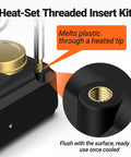 Heat Set Insert Tip Set With Soldering Iron 60W Includes Six Heat Set Tips And 130 Pcs Threaded Inserts For M2 M3 M4 M5 M6 M8 For 3D Printer Parts And Plastic Parts Easy Installation showing close-up of threaded insert in plastic part.