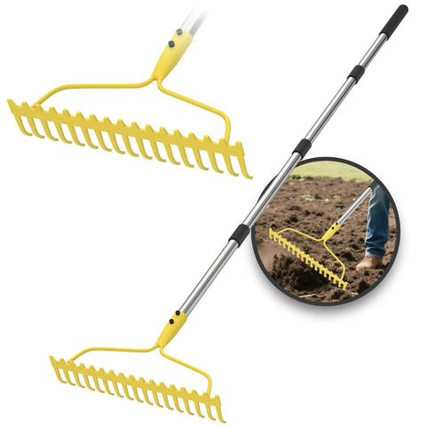 Heavy Duty Bow Rake For Leaves And Lawn Care, 6 Ft Metal Rake With 17 Tines And Stainless Steel Handle, Weatherproof Yard Leveling