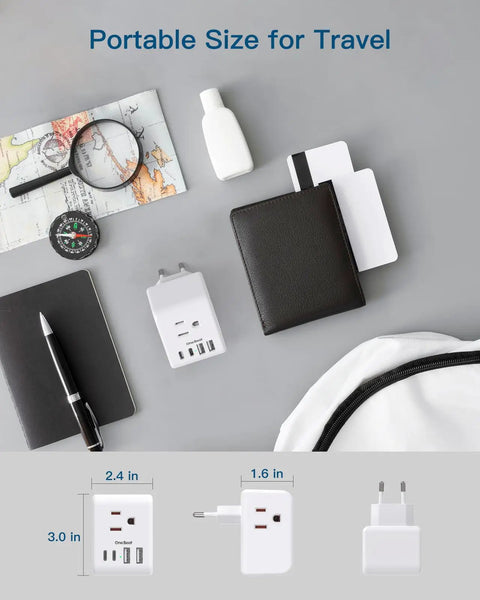 2 Pack European Travel Plug Adapter With 3 Outlets 4 USB Ports 2 USB C Ports 7 In 1 EU Power Travel Adapter Max 2500W shown with travel items