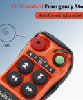 Front view of orange four-channel wireless crane remote control with black circular buttons and a green Start button.