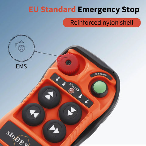 Front view of orange four-channel wireless crane remote control with black circular buttons and a green Start button.
