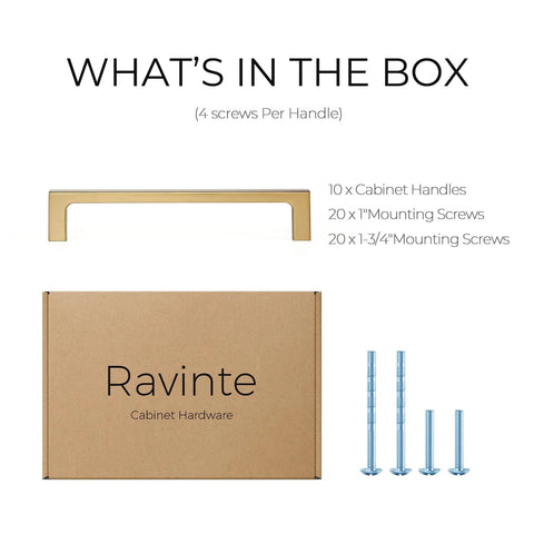 Solid 10 Pack 5 Inch Square Cabinet Handles In Champagne Bronze Finish with screws and packaging box, modern kitchen hardware set.